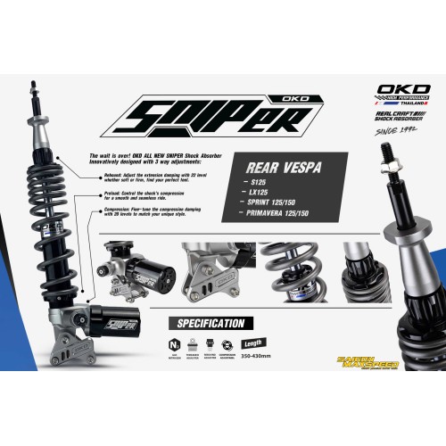 Phuộc Sau OKD SNIPER 430mm Vespa Sprint / Primavera (chính hãng) Phuộc Sau OKD SNIPER 430mm Vespa Sprint / Primavera (chính hãng)